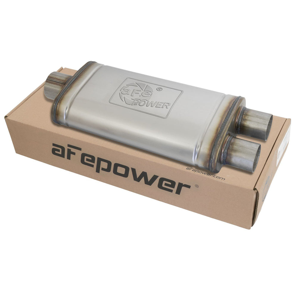 aFe Power Mach Force-Xp 409 Stainless Steel Muffler 3 IN ID Center/2-1/2 Dual-Outlet x 18 IN L x 9 IN W x 4 IN H - Oval Body