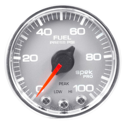 AutoMeter Spek-Pro Gauge Fuel Press 2 1/16in 100psi Stepper Motor W/Peak & Warn Slvr/Chrm