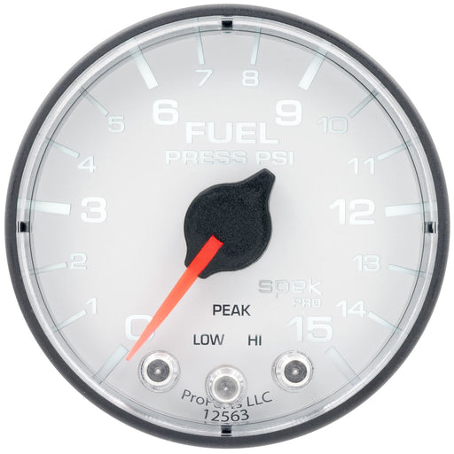 AutoMeter Spek-Pro Gauge Fuel Press 2 1/16in 15psi Stepper Motor W/Peak & Warn Wht/Blk