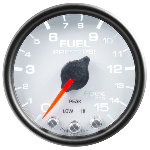 AutoMeter Spek-Pro Gauge Fuel Press 2 1/16in 15psi Stepper Motor W/Peak & Warn Wht/Blk