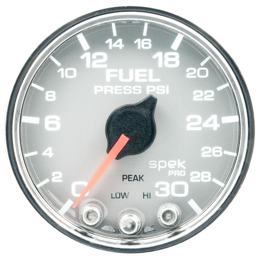 AutoMeter Spek-Pro Gauge Fuel Press 2 1/16in 30psi Stepper Motor W/Peak & Warn Slvr/Chrm